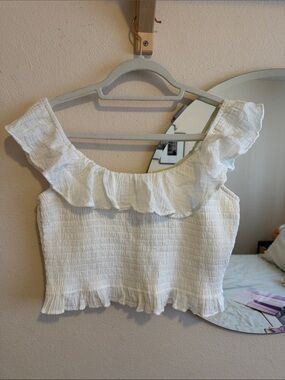 White Ruffled American Eagle Cotton Crop Top